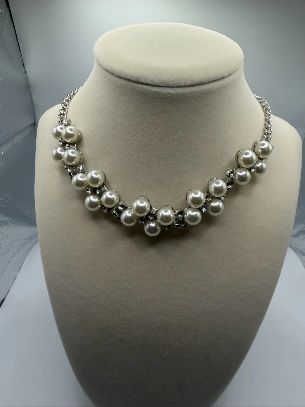 Pearl Cluster Necklace - White Pearls on Silver Chain